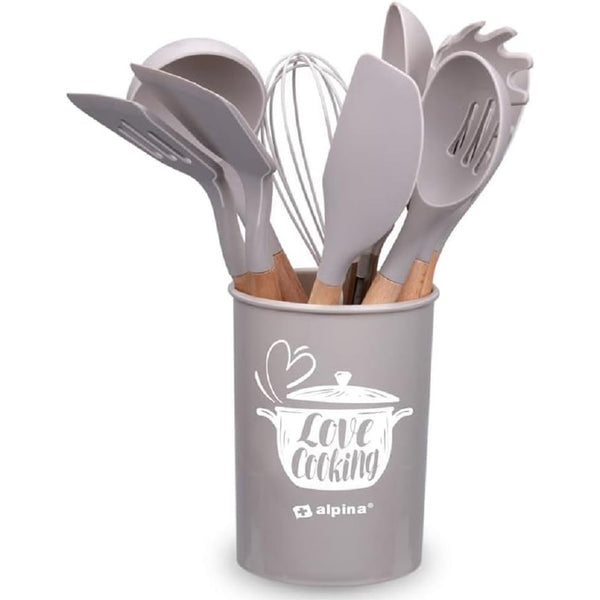 Set 12 Utensili da Cucina con Supporto in Silicone e Manico Legno Tortora acquista