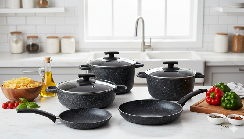 Batteria di Pentole 8 Pezzi in Alluminio Pressofuso Antiaderente Olympia Hard Cook