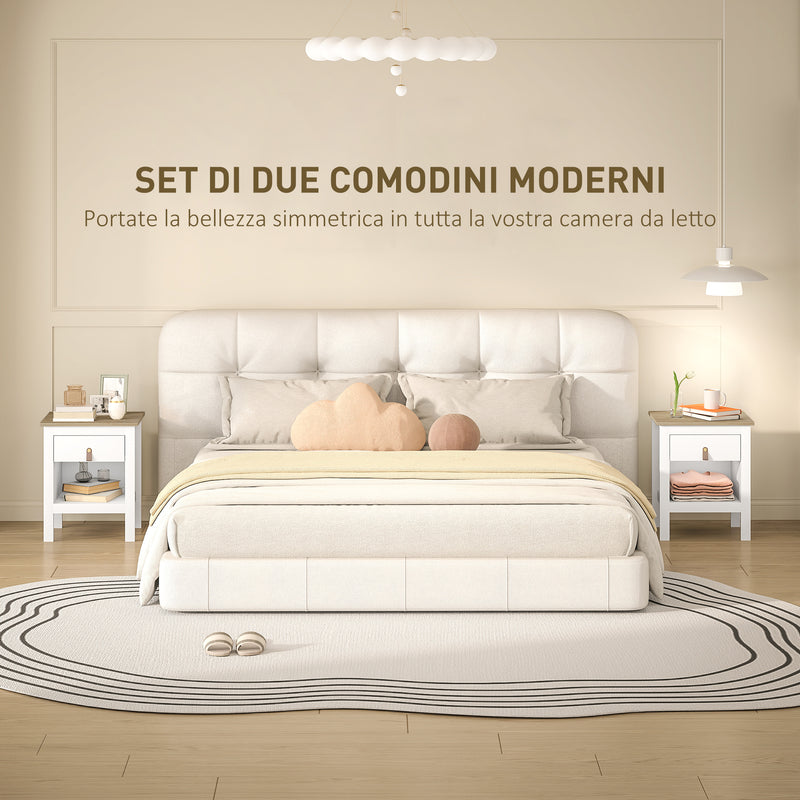 Set 2 Comodini con Cassetto e Ripiano Aperto 45x40x55 cm in Legno Bianco e Rovere   