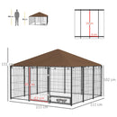 Recinto per Cani con Porticina per Ciotole 211x211x151 cm in Metallo e Tessuto Oxford Nero e Marrone