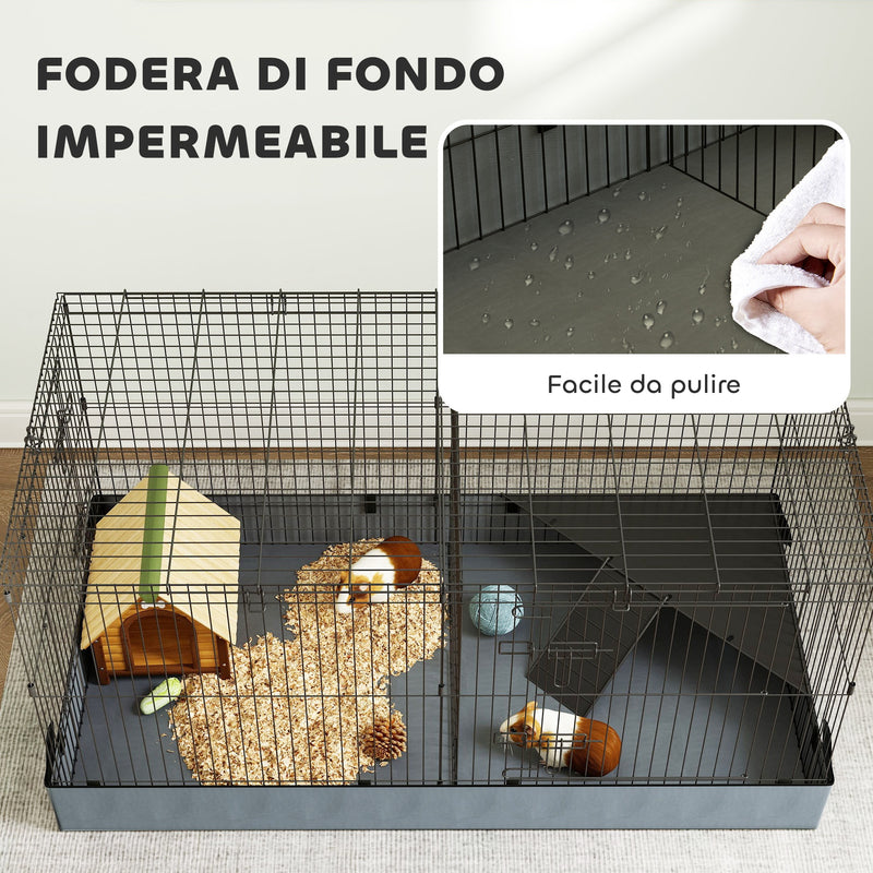Gabbia per Animali Piccoli 2 in 1 121x61x61 cm con Coperchio Rimovibile e Sezioni Separate Nero   