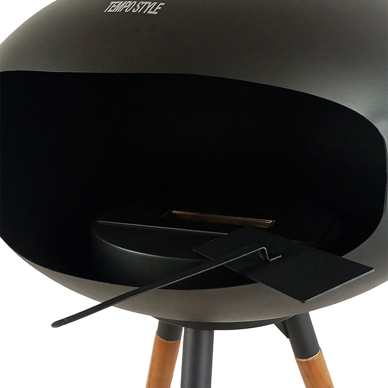 Camino a Bioetanolo da Pavimento Ø50x74 cm SICILY in Stile Nordico in Metallo Nero e Gambe in Legno Rovere