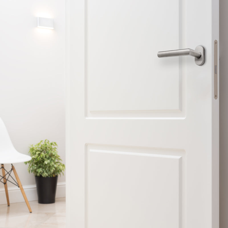 Maniglie con Rosetta Ovale per Porte Forma L  in Acciaio Inossidabile Nichel Satinato 2 Sets Emuca