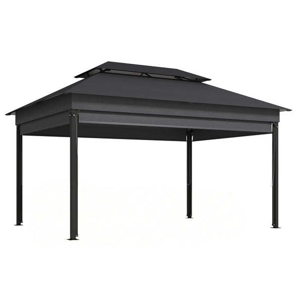 acquista Gazebo da Giardino 4x3 m con Tende Laterali Doppio Tetto Fori di Drenaggio Grigio Scuro