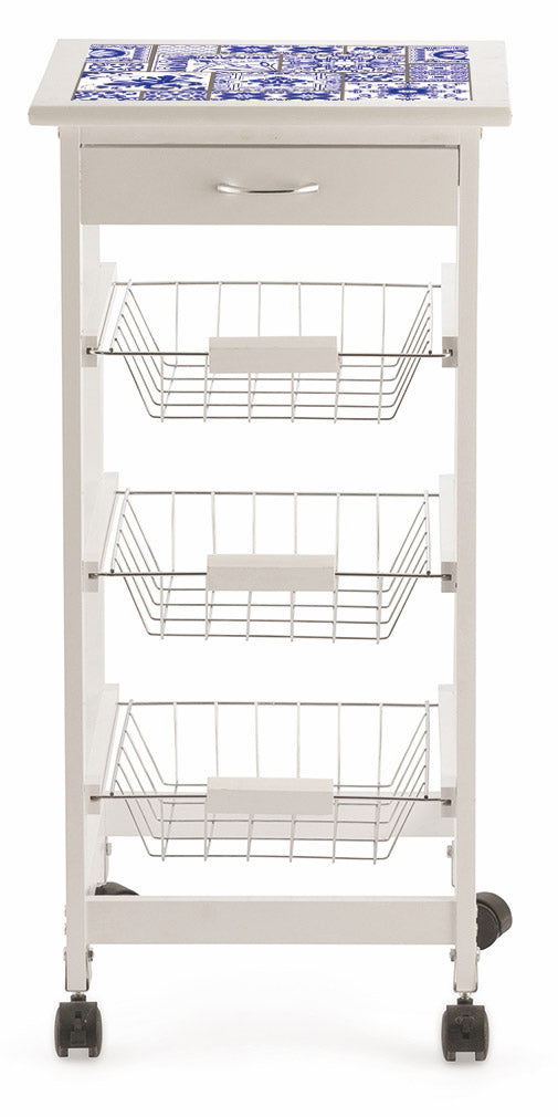 Carrello da Cucina Salvaspazio 37x37x76 cm 3 Ceste in Legno Soriani Mattonelle Bianco