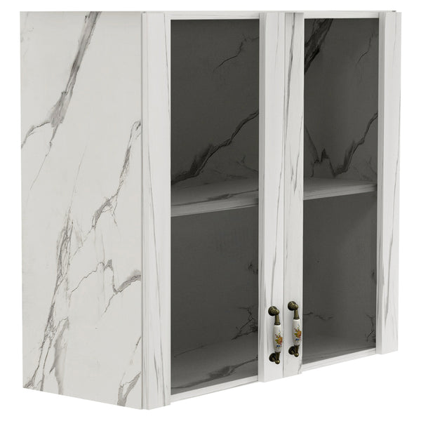 Pensile Cucina con Ante in Vetro 80x72x32 cm Bianco Effetto Marmo prezzo