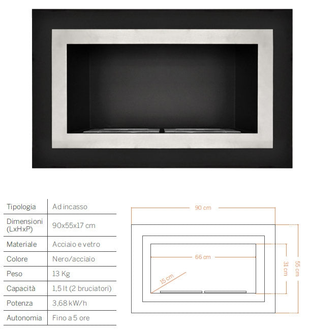 Camino a Bioetanolo da Parete 90x55x17 cm Taylor Nero e Acciaio