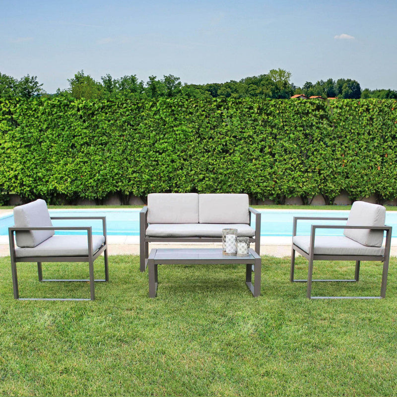 Set Salotto da Giardino Divano 2 Poltrone e Tavolino con Cuscini in Alluminio Taupe