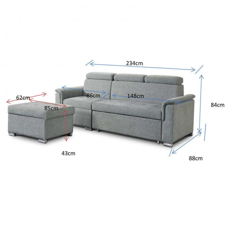 Divano Letto Derrick 234x148x84 cm in Tessuto Grigio scuro