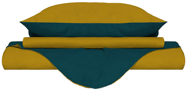 Bettbezug mit Tasche und Kissenbezügen Doubleface Ocker / Petrol Green online