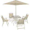 Set da Pranzo 6 Pezzi per Giardino Patio Tavolo Piano in Vetro con Ombrellone e 4 Sedie Pieghevoli Sabbia