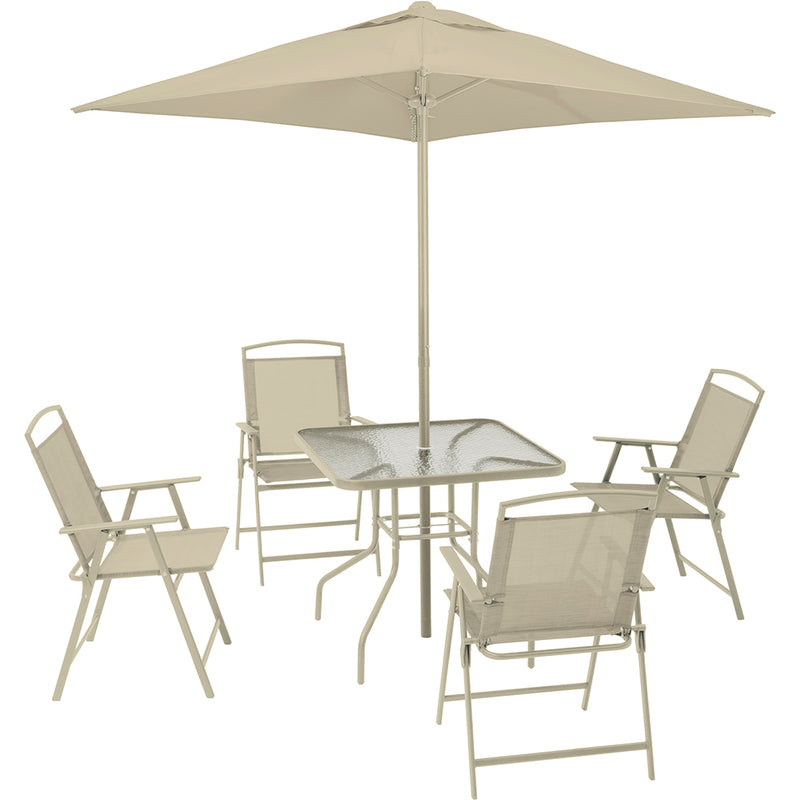 Set da Pranzo 6 Pezzi per Giardino Patio Tavolo Piano in Vetro con Ombrellone e 4 Sedie Pieghevoli Sabbia