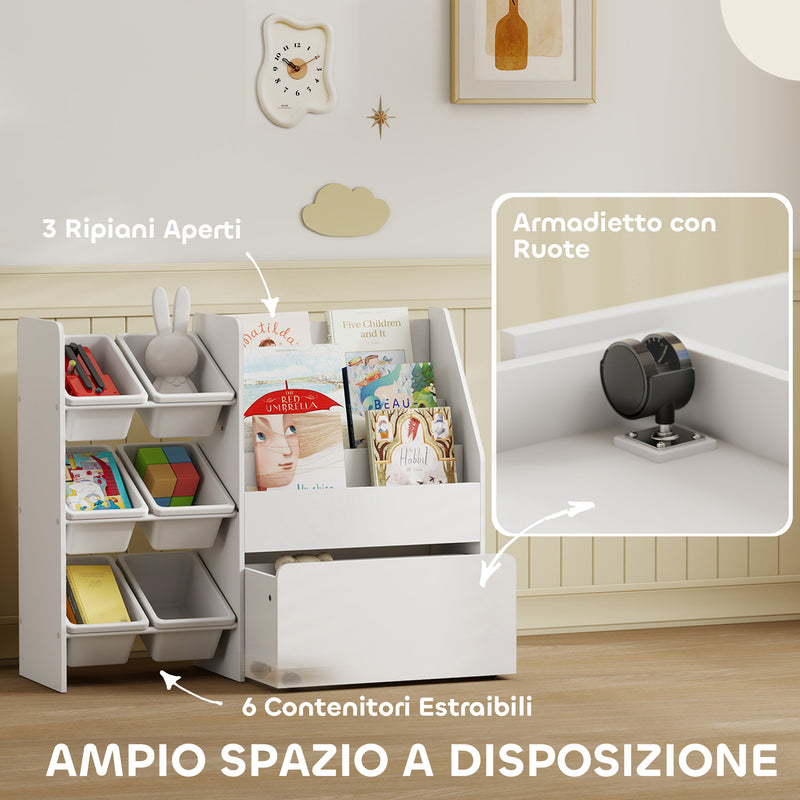 Scaffale Portagiochi 100x30x80 cm con 6 Cesti 3 Ripiani e Box Inferiore in Legno, Plastica e Acciaio Bianco      
