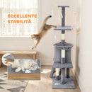 Albero Tiragraffi 60x35x134 cm Torre per Gatti con Casetta Trespolo Piattaforme e 4 Topolini in Legno Peluche e Sisal Grigio      