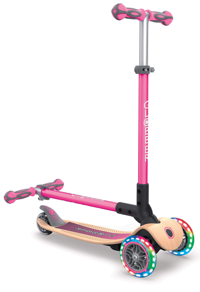 Monopattino 3 Ruote a LED Pieghevole 3 Altezze Max 50 Kg Globber Primo Foldable Wood Rosa