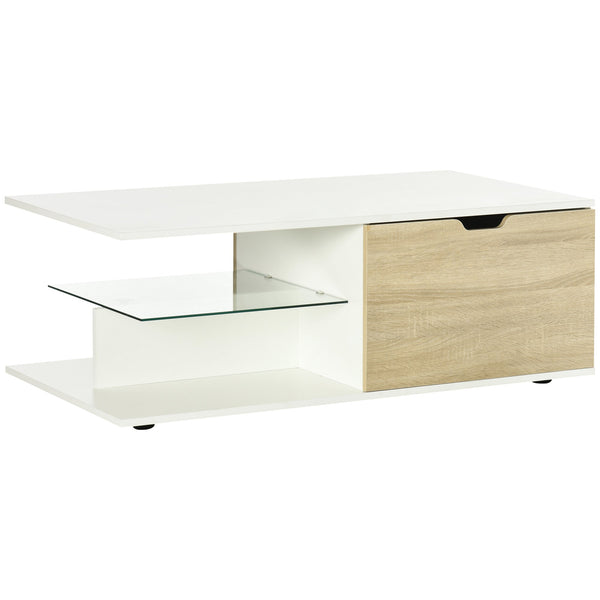 acquista Tavolino da Caffè 106x58x39 cm con Cassetti e Ripiano in Vetro in Truciolato Bianco