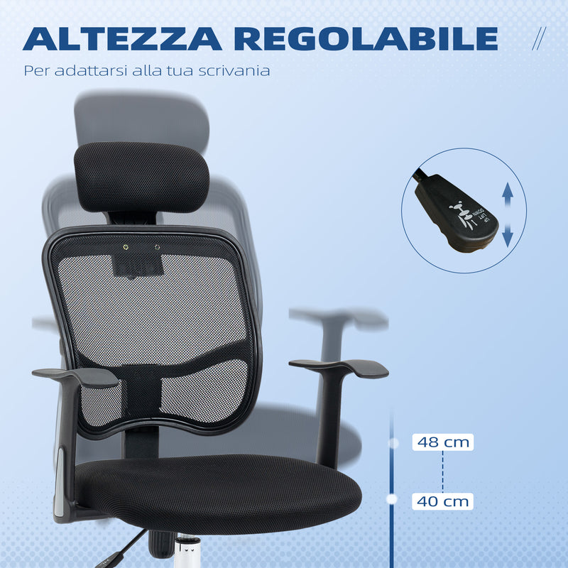 Sedia da Ufficio Ergonomica con Poggiatesta 63x62x106-114 cm in Poliestere e Acciaio Nero  