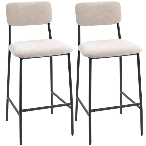 sconto Set 2 Sgabelli da Bar con Schienale Alto Poggiapiedi e Rivestimento in Ciniglia Crema