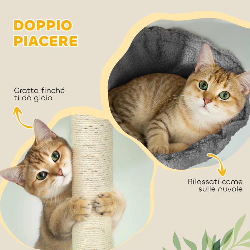 Albero per Gatti a Soffitto Alto 220-240 cm con Amaca Casetta Piattaforme a Fiore e Pali in Sisal Grigio      