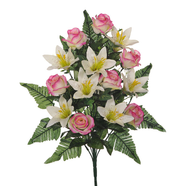 acquista Set 2 Bouquet Artificiali Frontale Composto da 14 Rose e Lilium H 55 cm