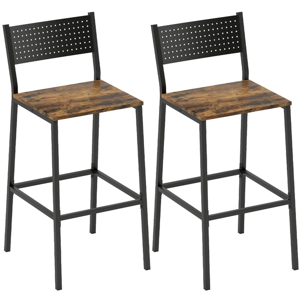 sconto Set 2 Sgabelli da Bar in Stile Industriale con Schienale e Poggiapiedi 43,2x50,5x97,8 cm in Metallo e MDF Marrone Rustico