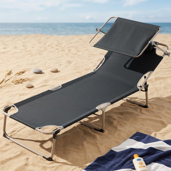 Lettino Prendisole da Spiaggia Pieghevole 62x180x 28 cm Schienale Reclinabile con Parasole in Tessuto Oxford Grigio sconto