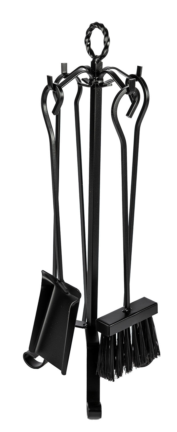 Trespolo per Attrezzi Camino Modello Basic Anello con Paletta Scopino Attizzino e Pinza 20x20x55 cm in Ferro Verniciato Grigio Martellato