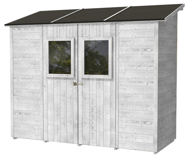 online Gartenbox aus Holz für Werkzeuge 245 x 102 x 224 cm mit 2 Türen und Fenstern Ecla Bianca