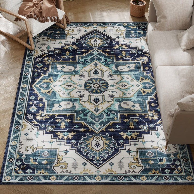 Tappeto Boho Antiscivolo e Lavabile 230x160 cm a Pelo Corto in Effetto Cashmere Blu  
