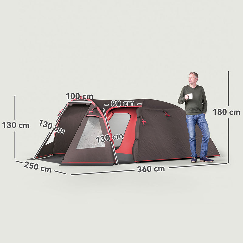 Tenda da Campeggio Impermeabile 360x250x130 cm da 2-4 Persone con Stanze Separate e Doppie Porte Grigio   