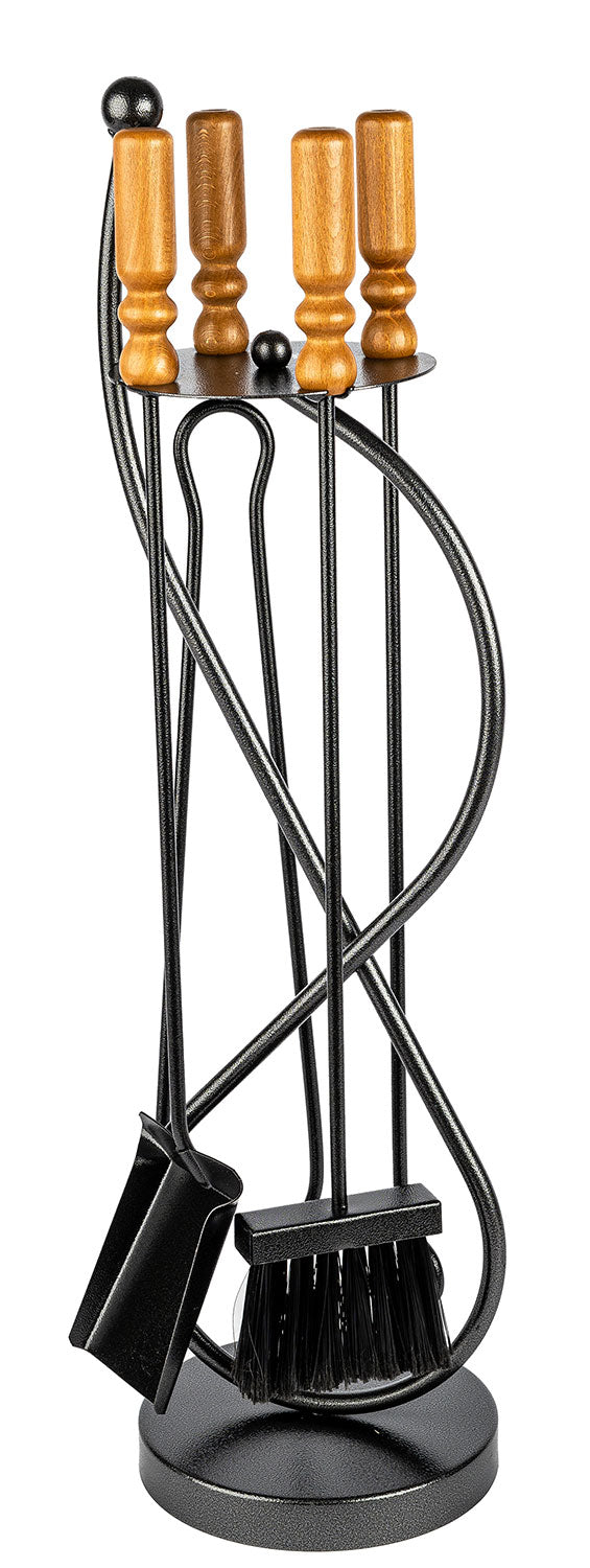 sconto Trespolo per Attrezzi Camino con Paletta Scopino Attizzino e Pinza 19x19x72 cm in Ferro e Legno Grigio Martellato