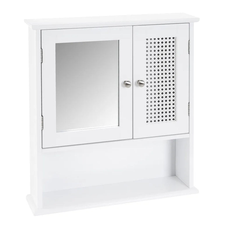 Mobile a Muro da Bagno Pensile con Griglia e Specchio Legno Bianco 56x13x58H cm