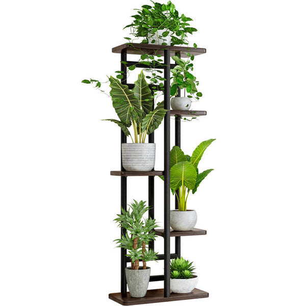 sconto Plant Holder Regal 5 Regale 43x23,5x94,5 cm in Metall und MDF Blume Schwarz/Walnuss