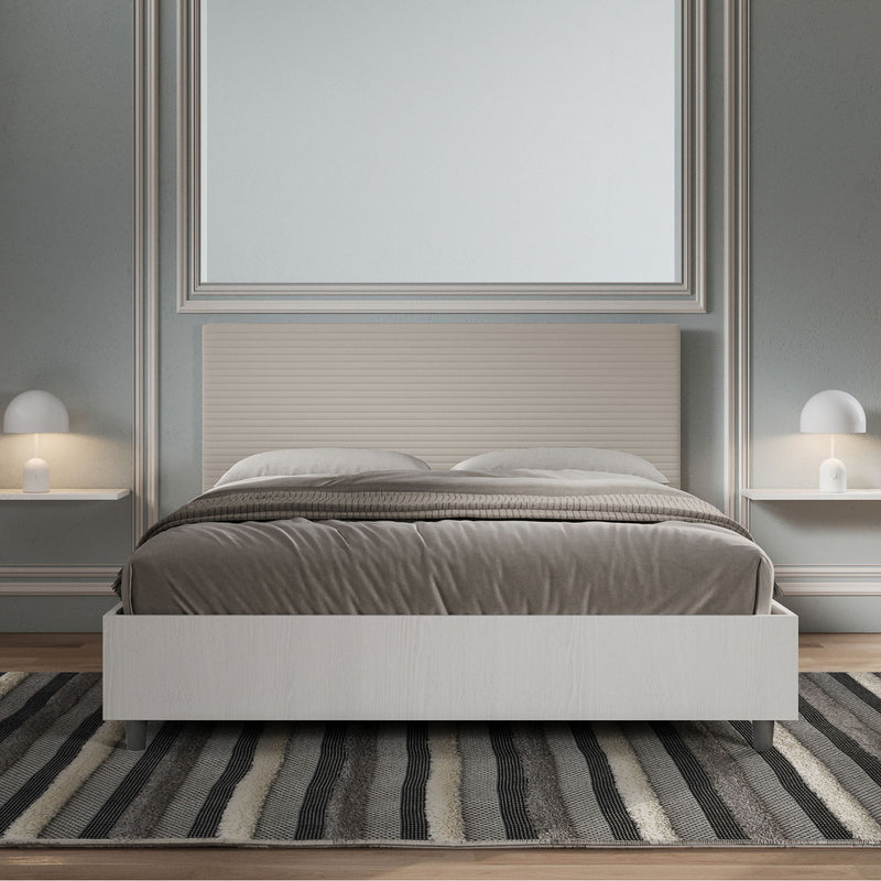 Letto Matrimoniale con Rete e Contenitore Alzata Comoda Struttura Bianco Frassico e Testata in Similpelle Level Tortora Varie Misure