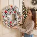 Ghirlanda Natalizia Innevata Ø60x12 cm con Luci LED 8 Modalità 140 Rami 8 Bacche e 15 Palline in PVC e Acciaio Verde      