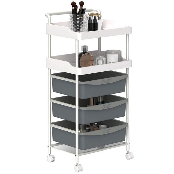prezzo Carrello Portaoggetti Multiuso 40x34x85 cm con 2 Ripiani e 3 Vassoi Scorrevoli in Acciaio e PP Bianco e Grigio