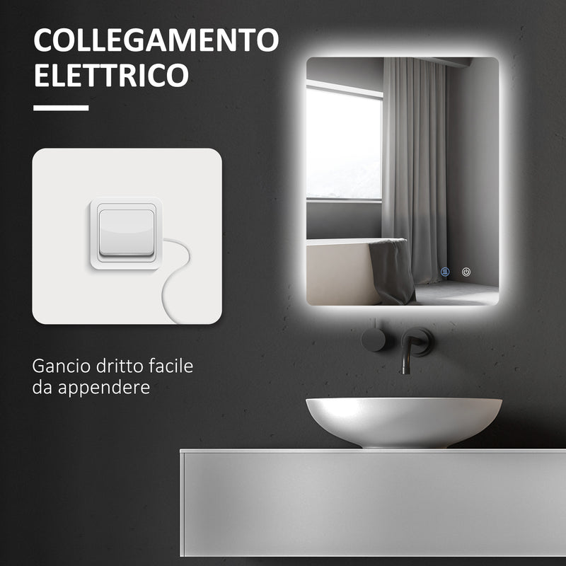 Specchio Bagno con Luci LED  3 Tonalità 70x50 cm Interruttori Touch e Funzione Antiappannamento   
