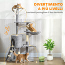 Albero Tiragraffi 60x35x134 cm Torre per Gatti con Casetta Trespolo Piattaforme e 4 Topolini in Legno Peluche e Sisal Grigio      