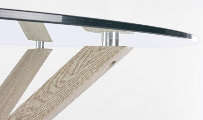 Tavolo Piano in Vetro Tondo Gamba Legno Naturale D114 Rotondo in Vetro