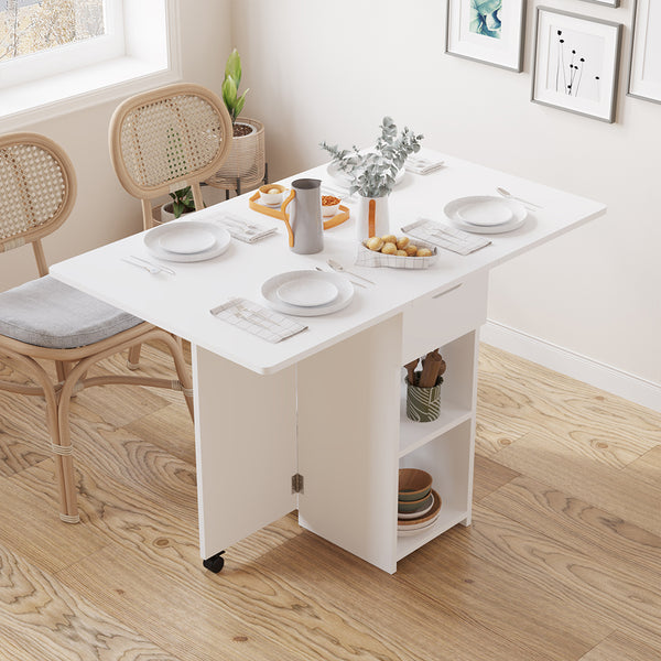 online Tavolo Pieghevole Salvaspazio Anta a Ribalta 120x77x75 cm con Ruote in Legno Bianco