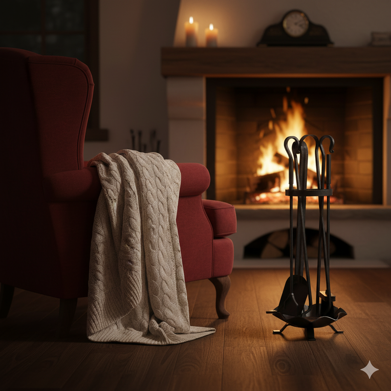 Set Camino 4 Pezzi con Bacinella Forgiato a mano in Ferro Verniciato Nero Opaco