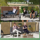 Divano da Giardino 3 in 1 180x63.5x68 cm Reclinabile su 5 Posizioni con Tavolino Estraibile Grigio   
