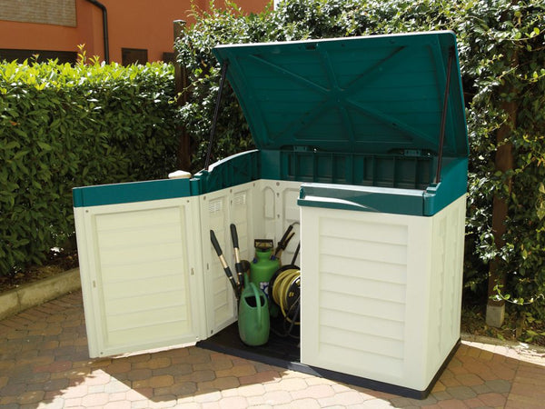 Werkzeugschrank für den Außenbereich aus Kunstharz in Grün/Beige mit Magnolia-Abdeckung, 83 x 144 x 118 cm acquista