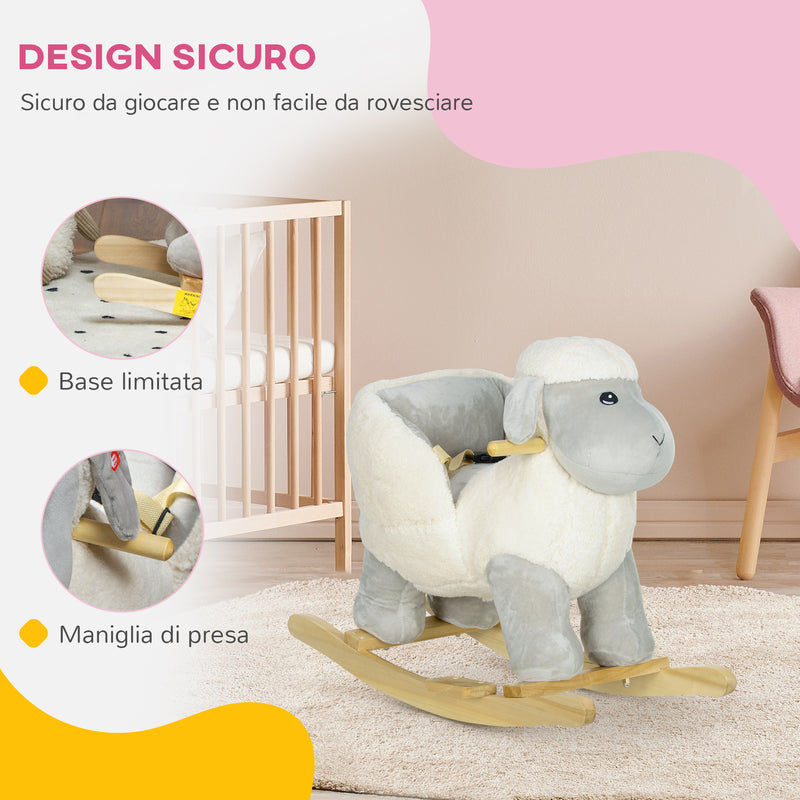 Cavallo a Dondolo per Bambini in Legno e Peluche Pecorella Grigio  