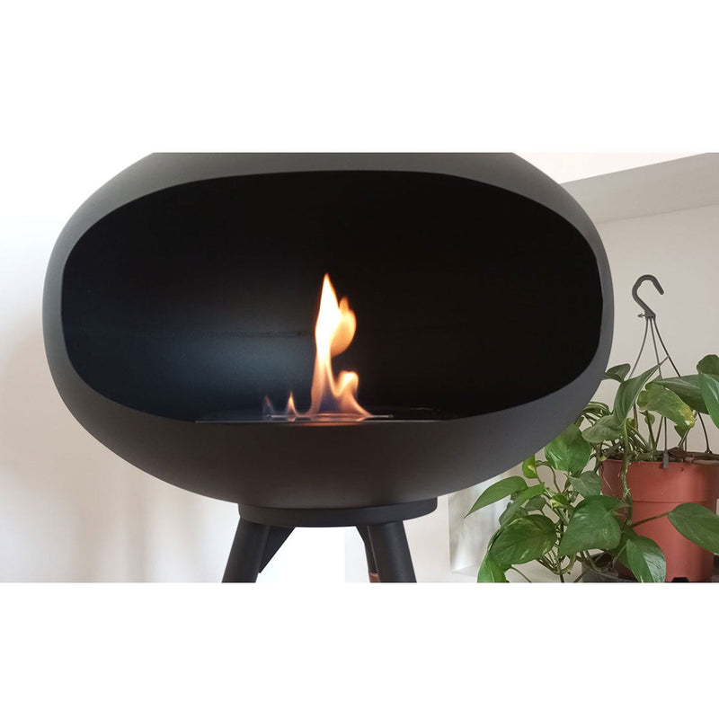 Camino a Bioetanolo da Pavimento Ø50x74 cm SICILY in Stile Nordico in Metallo Nero e Gambe in Legno Rovere