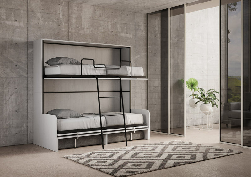 Letto Doppio A Scomparsa Kando Con Divano Con Materassi Bianco Frassino e Grigio      