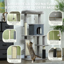 Albero Tiragraffi Multilivello Alto 132 cm con Casetta e Lettino in Peluche e Sisal Grigio  