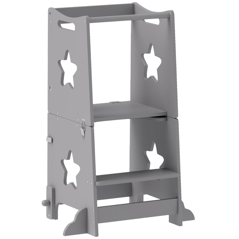 Scala Montessori Convertibile  60x44.5x86 cm in Set Tavolo e Sedie con Barra di Sicurezza in Legno Grigio      