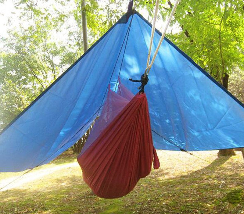 Tenda a sospensione con parasole per camping con picchetti e tiranti Azzurra