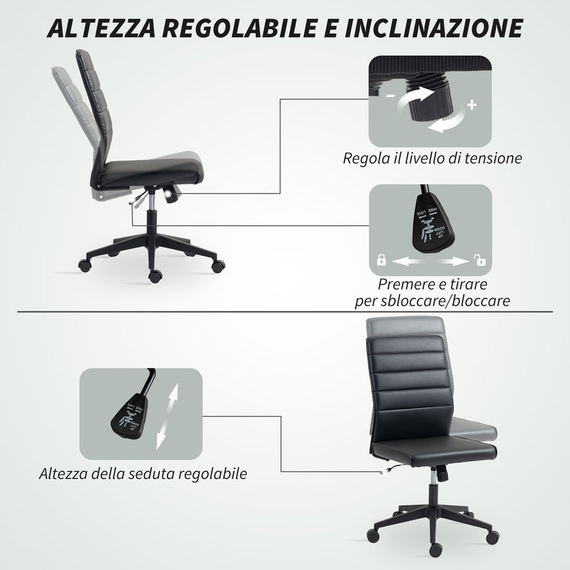 Sedia da Ufficio Ergonomica e Regolabile 58x53x97-107 cm con Schienale Ricurvo in Pelle PU e Acciaio Nero      